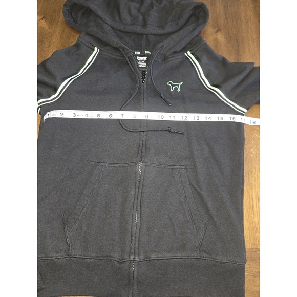 Pink Victorias Secret Full Zip Hoodie Jacket Black w/ White Green Strip Size XS - Picture 8 of 16